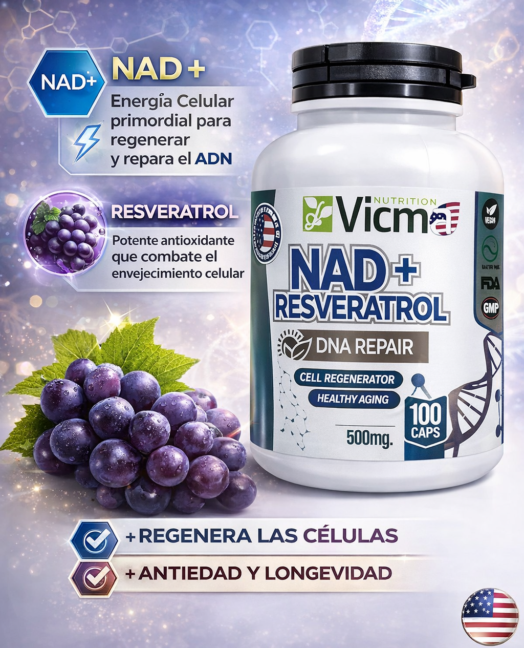 NAD + Resveratrol PREMIUM | VICMA 100 cápsulas 500mg