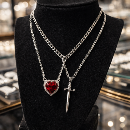 Love & Blade™ Couple Collar | Ruby Heart and Sword in Stainless Steel