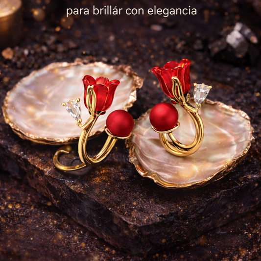 Elegantes Pendientes Rojos de Perlas con Forma de Tulipán