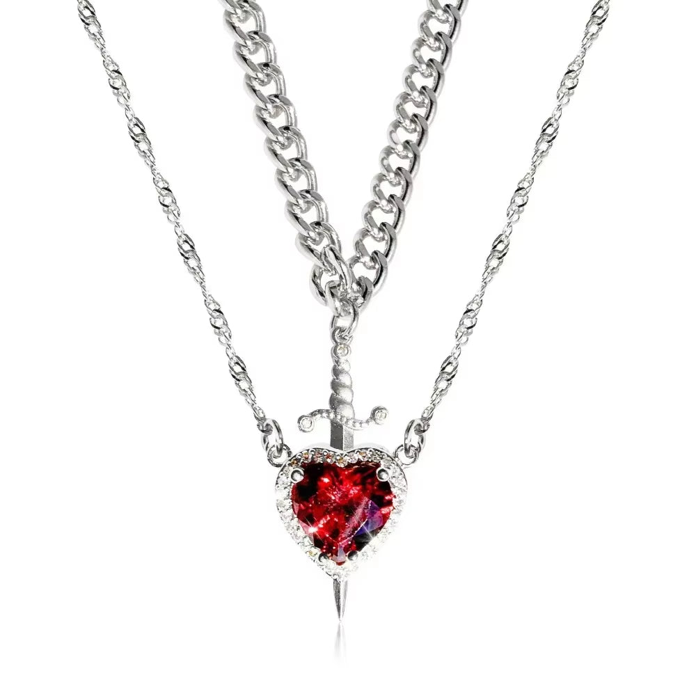 Love & Blade™ Couple Collar | Ruby Heart and Sword in Stainless Steel